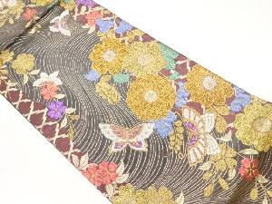 ふくれ織花々に蝶・曲線模様織出し袋帯